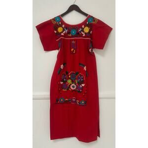 Vintage Red Floral Embroidered Folk Art Midi Dress Size S/M